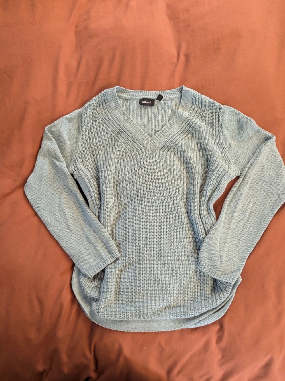RD Style Soft Light Blue V-Neck Knit Sweater